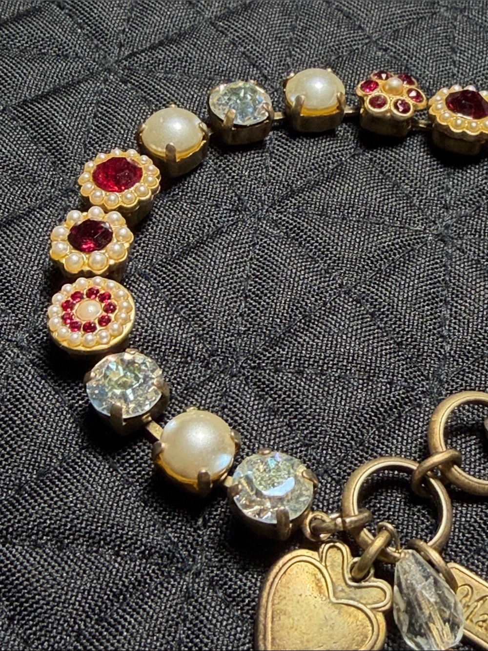 Mariana Gold-Tone Bracelet with Pink-Red Crystal Flowers and Pearls - Picture 3 of 5